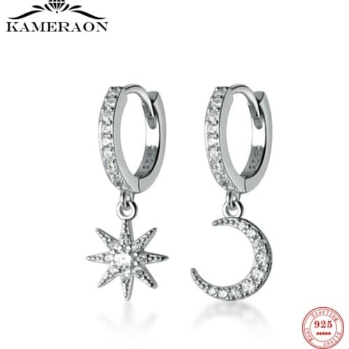 100% S925 Real Sterling Silver Women Hoop Earrings Asymmetric Single Diamond Star Micro-set Moon Earrings Jewelry Gift for Women