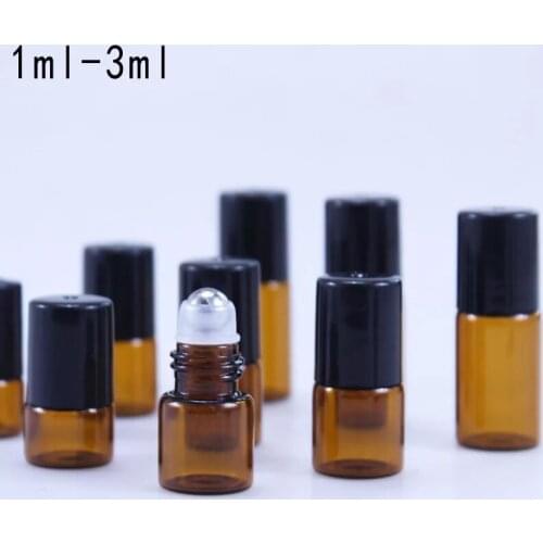5PCS 1ml/2ml/3ml Amber Thin Glass Roll on Bottle Sample Glass Container Test Essential Oil Vials with Roller Metal /Glass Ball