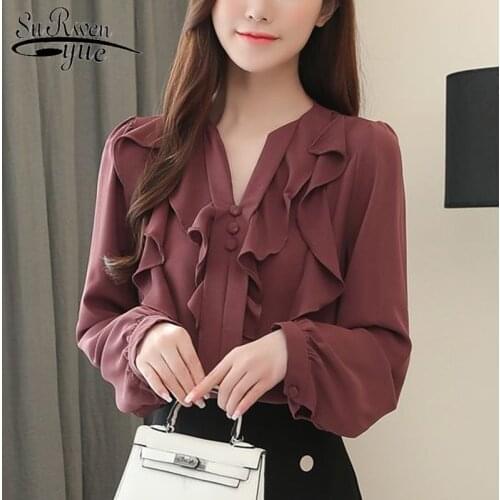 Blusas Mujer De Moda 2021 Spring New Long-Sleeve V-neck Slim Elegant Chiffon Blouse Women Korean Ruffle Edge Women Tops 8953 50