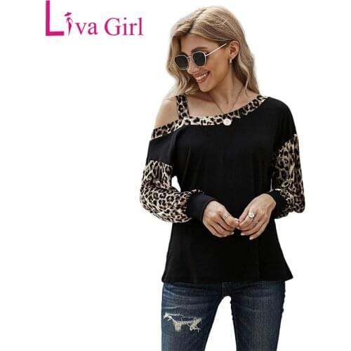 LIVA GIRL Womens Blouses and Shirt Sexy Asymmetric Cold Shoulder Leopard Stitching Long Sleeve Blouse Casual Autumn Female Tops