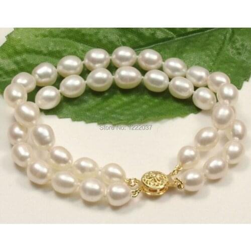 New natural womans gift perfect 2 rows AAA 9-10MM white akoya pearl bracelets 7.5-8 "