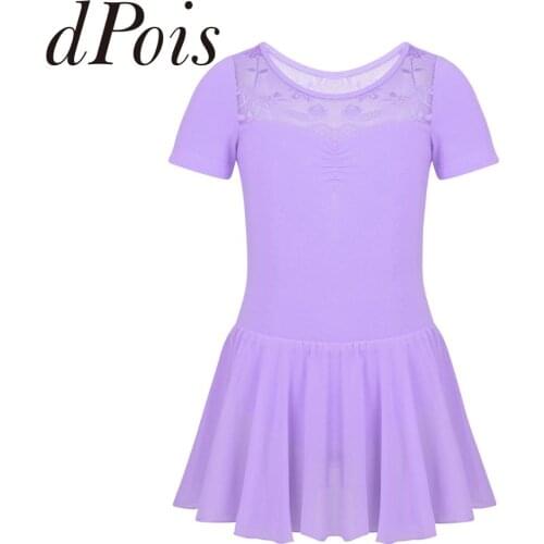 Kids Short Sleeve Ballet Dress Gymnastics Leotard Girls Lace O Neck Dance Costume Chiffon Competition Figure Skating Dress