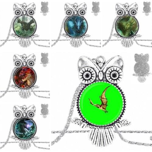 EJ Glaze Big Bird Dragon Fashion Glass Cabochon Pendant Necklace Plated Statement Jewelry For Women