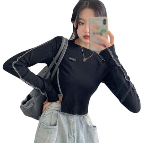 T-shirt Summer Womens Short Fashion Sports Leisure Irregular Long Sleeve Bottom Tops Solid Color