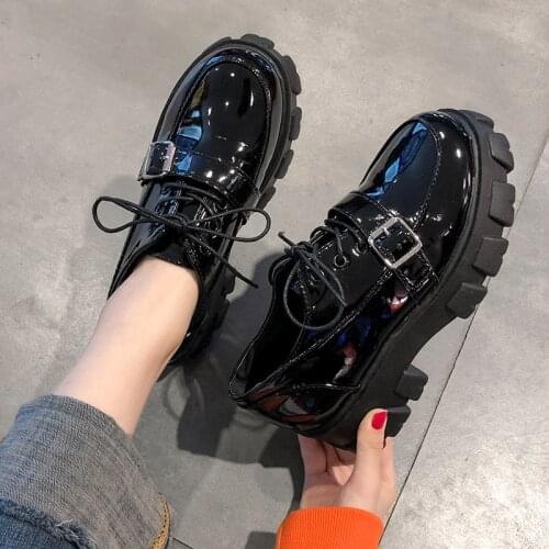 College Girls buckle belt flats femme thicken soled lace up loafers matte&japannned leather platform shoes women muffins 2020