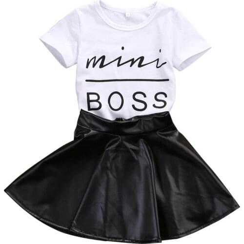 2pcs Girls Kids 2017 New Summer MINI BOSS Letter White T-shirt + Black Leather Skirts Set Party Casual Outfits