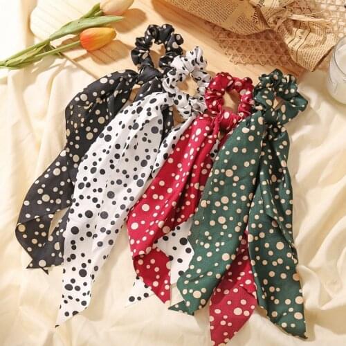 Fashion Dot Print Satin Scrunchies Solid Long Hair Ribbon For Women Ponytail Scarf Elastic Hair Bands Hair Accessories