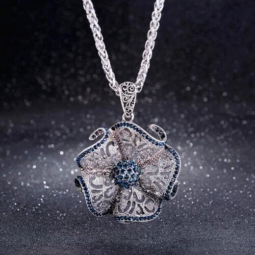 MOONROCY Ancient Silver Color Crystal Long Chain Necklace Vintage Blue Sweater Coat Flower for Women Gift Dropshipping