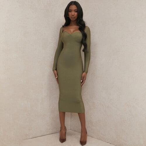 New Arrival Women Green Sexy V Neck Long Sleeves Slim Mid Bandage Dress Fashion Elegant Celebrity Night Show Club Party Dress