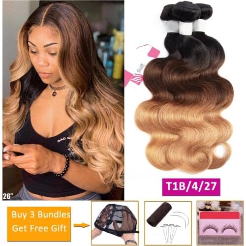 Body wave bundles T1b/4/27 blonde ombre human hair bundles deals non-remy hair extensions Peruvian Brazilian hair weave bundles