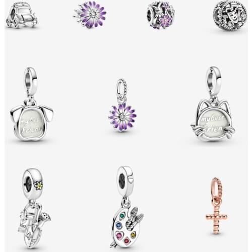 Original 925 Sterling Silver Openwork Purple Daisy My Pet Dog Cat Electric Car Watering Can & Trowel Beaded Cross Dangle Charm