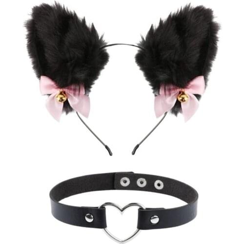Womens Girl Cute Cat Ear with Bell Bow Necklace Anime Cosplay Halloween Costume Party Props Gifts Girlfriends