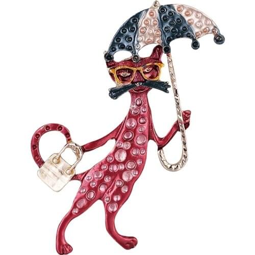 Sexy Taking Bag and Umbrella Cat Brooches for Women Casual Office Brooch Pins Gifts
