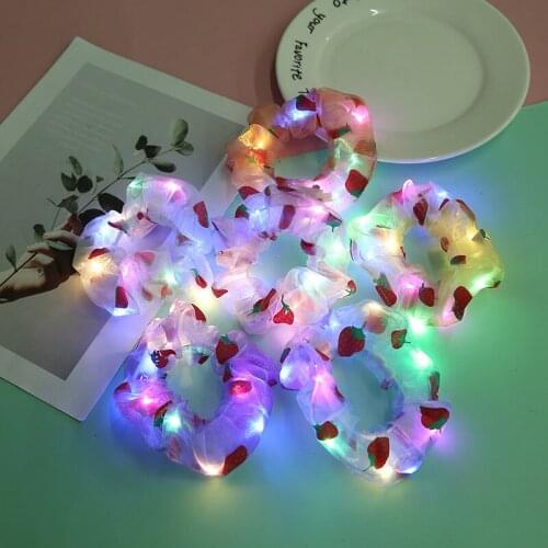 20pcs LED Women Girls Strawberry Luminous Scrunchies Polka Dots Hair Ropes Hair Rings Elastic Hair Bands Bar Party Favors