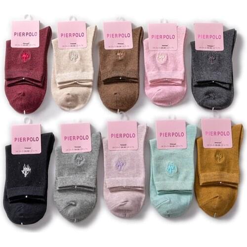 Pier Polo Fashion Brand Business Casual Womens Crew Socks Embroidery Breathable Cotton Socks For Woman 5 Pairs/Lot