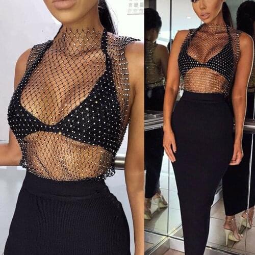 Women Sleeveless Mesh Rhinestone Partywear Tank Tops Sexy See Through Crystal Shining Crop Tops T-shirts Clubwear Streetwear