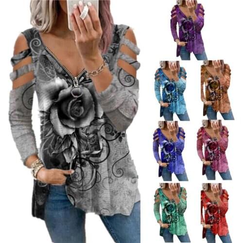 Women Casual Long Sleeve T Shirt V Neck Strappy Cold Shoulder Tunic Tops Casual Blouses with Zipper Plus size Tees