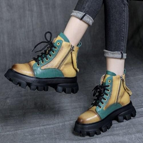 Genuine Leather Handmade Womens Short Boots 2022 Autumn Winter New Thick-soled Retro Ethnic Style Cowhide Ankle Martin Boots