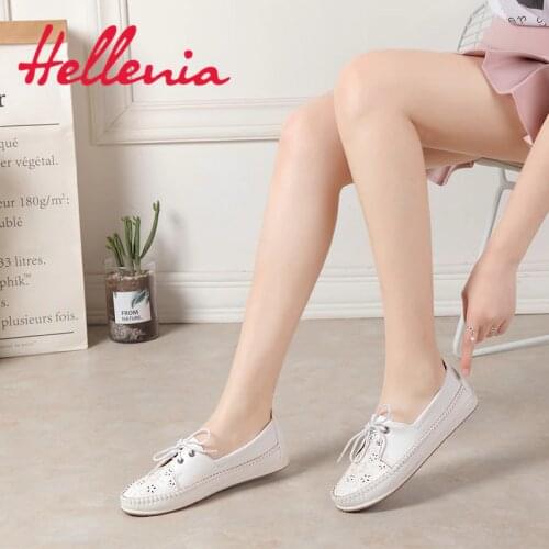 Hellenia woman shoes spring summer pearl white flats ladies shoe lace-up loafers casual shoes special design round toe comfort