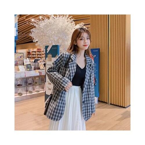 2021 Autumn Female Korean Retro Business Chic Suit Coat Plaid Office Lady Blazer Feminino Women Jacket Suit Grey Casual Clothes