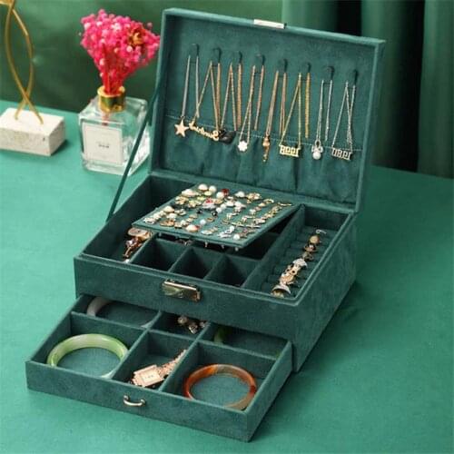 New Jewelry Box Green Stud Organizer Large Ring Necklace Makeup Holder Velvet Jewelry Cases With Lock For Women Gifts