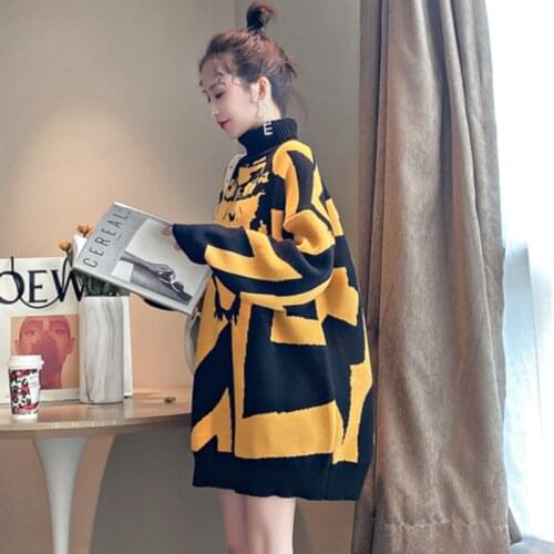 Turtleneck Sweater Womens Mid-length Autumn Winter 2021 New Loose Korean Knitting Pullover Women Color Matching Jumpers