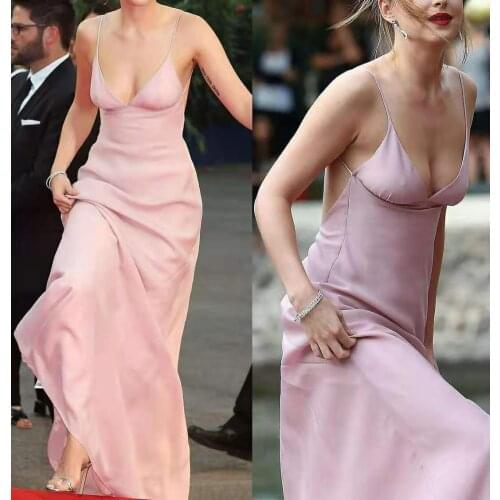 Sexy Long V-Neck Pink Prom Dresses Spaghetti Straps Zipper Back Robe De Soiree Floor Length Satin Formal Party Gown for Women