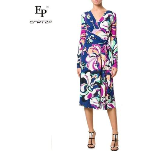 New 2018 Autumn Fashion Designer Dress Womens Long Sleeves V-Neck Stunning Print XXL Stretch Jersey Slim Silk Day Dress