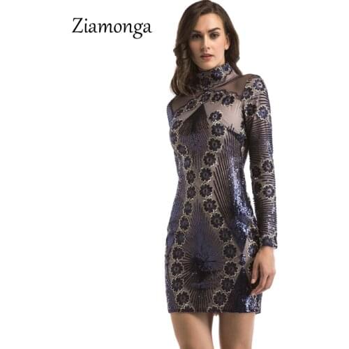 Ziamonga Winter Sexy Embroidery Sequins Dress Women Long Sleeve Elegant Lady Slim Bodycon Dress Fashion Robe Sexy Party Dresses
