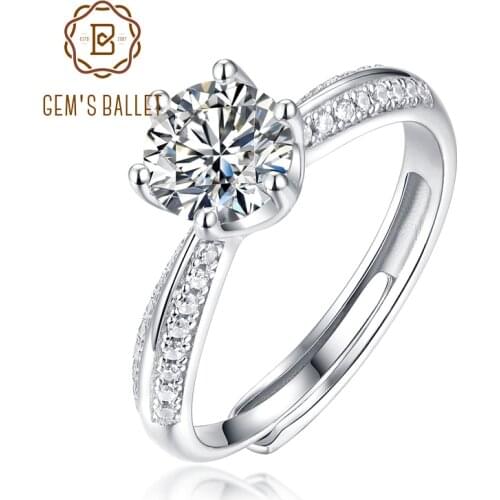 GEMS BALLET 925 Sterling Silver Moissanite Jewelry 1.0Ct D Color Moissanite Diamond Engagement Adjustable Rings For Women
