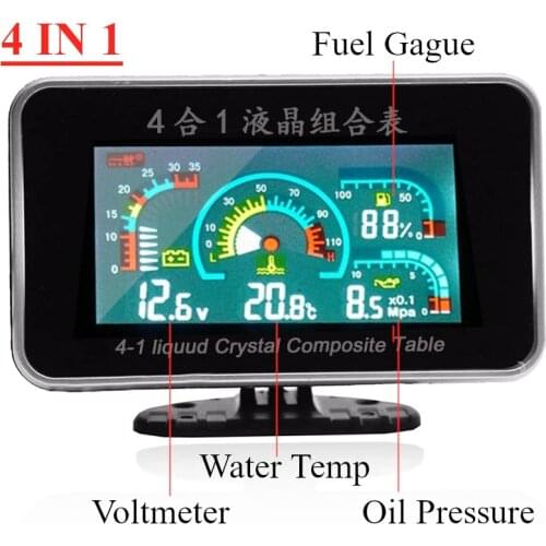 Universal 4in1 LCD Car Digital ALARM Gauge Oil Pressure Gauge Voltmeter Voltage Water Temperature Fuel Gauges Plastic Shell