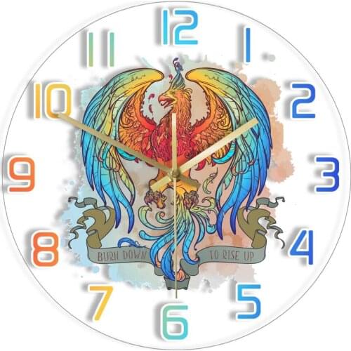 Burn Down To Rise Up Legendary Phoenix Bird Silent Acrylic Wall Clock Fire Bird Mythology Meditation Wall Hanging Clock For Room