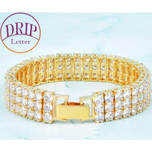 3 Row Tennis Zircon Bracelet Mens Hip Hop Copper Material Chain Jewelry Gold Color Box Clasp