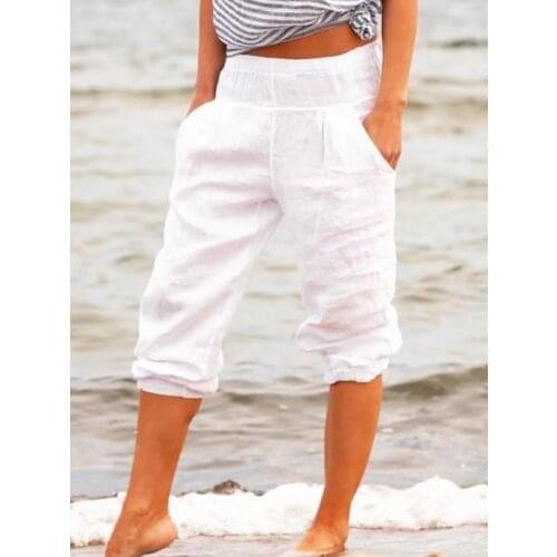 Cotton Linen Pants Women Summer Large Size Solid Color Pencil Pants Elastic Waist Loose Casual Womans Linen Trousers