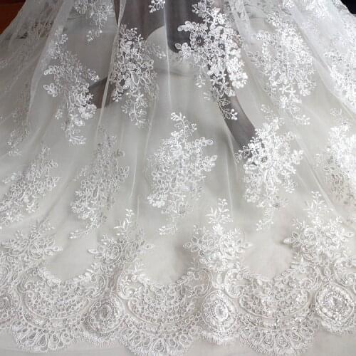 Off white black Sequin eyelash embroidered lace fabric handmade DIY bridal wedding dress clothing curtain fabric