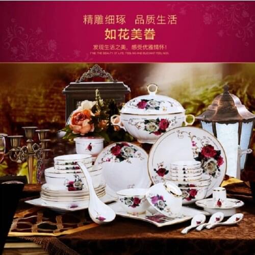 Jingdezhen high-grade bone china tableware 62 PIECES wedding housewarming gift household ceramic bowl dish