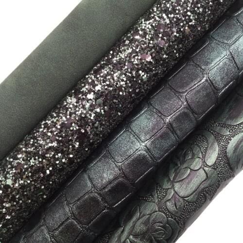 Dark Green Glitter leather,Flowers Embossed Faux Fabric Synthetic Leather For Bow A4 21x29CM Twinkling Ming KM302