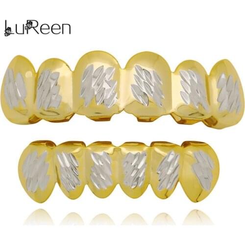 LuReen Hip Hop Gold Teeth Grillz Dlampnd Cut Surface Silver Color Tooth Cap Fake Grills for Rapper Punk Jewelry