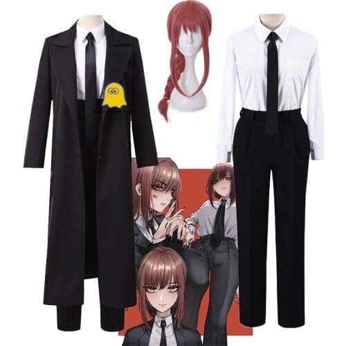 Makima Cosplay Costume Anime Chainsaw Man Black Trench Tie Pants Wig Braid Long Shirt Uniform Halloween Party Role Play
