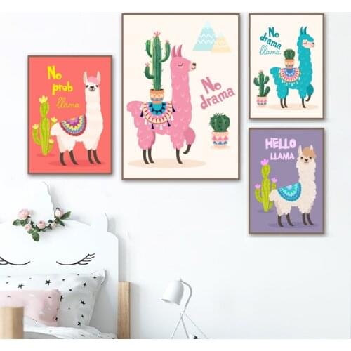 Cute Animal Alpaca with Cactus Canvas Paintings Posters and Prints Wall Art Picture for Baby Room Wall Decoration