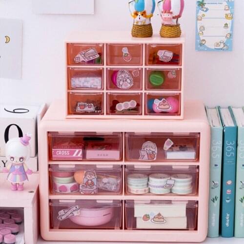 Kawaii White/Pink 9 Grid ABS Drawer Desktop Organizer Desk Storage Box Free Sticker School Stationery Accessories