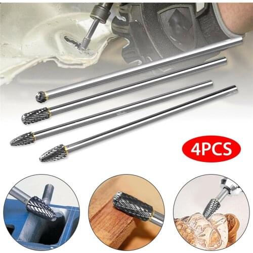 4 Pcs/set 6" Long Reach Rotary File Set Rotary Burr Double Cut Tungsten Carbide Bit 1/4" Handle