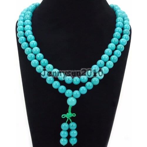 Natural Tur-quoise 10mm Gems Stone Buddhist 108 Bead Prayer Mala Long Necklace Multi-Purpose Bracelet Necklace 5Strands/Pack