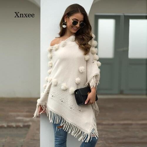 Autumn Sweater Shawl Casual Cloak Poncho Pullover Knitting Coat Women Fashion Tassle Cloak with Ball Female Knitting Pullover