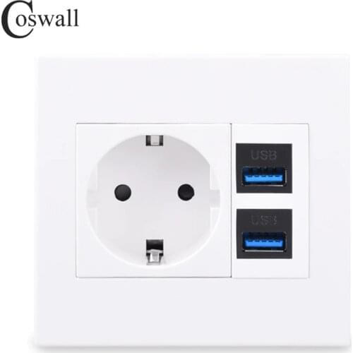 Coswall PC Panel 16A EU Wall Power Socket With 1 / 2 Female to Female USB 3.0 Port Connector