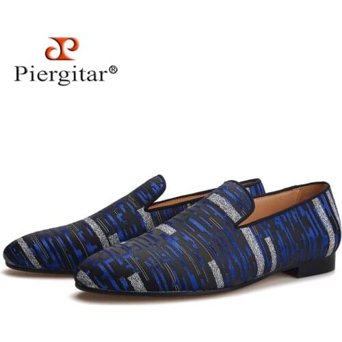 Piergitar 2021 New Blue Color Silk Mens Loafers For Party and Banquet Handmade Men Smoking Slippers Plus Size Item No.139850