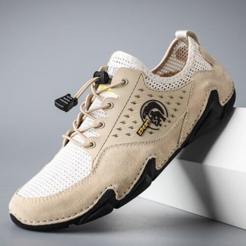 Luxury Genuine Leather Mens Casual Shoes Breathable Mesh Outdoors Jogging Sport Shoes for Men Summer Cool Mens Driving Shoes