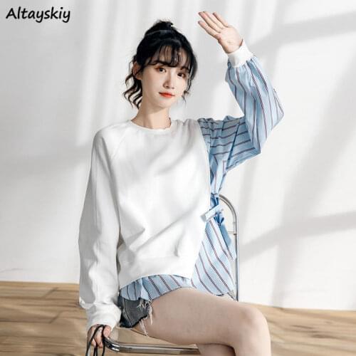 Shirts Women Loose Oversize Spliced Elegant Striped Lovely College Stylish Casual Female All Match O-Neck Lovely Korean Style