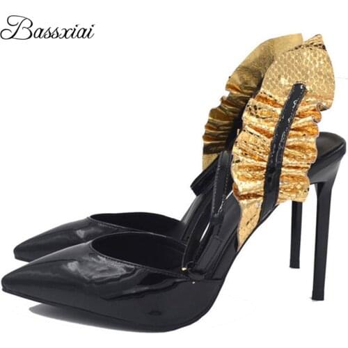 Sexy Ruffles Strappy Sandals For Girls Women Black Patent Leather Point Toe 10cm Thin High Heels Summer Shoes Woman