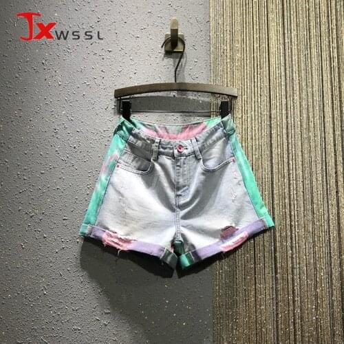 High quality Fashion Women Colorful Denim Shorts 2021 New Summer High waist Hole Loose crimped Jeans Shorts Streetwear Female